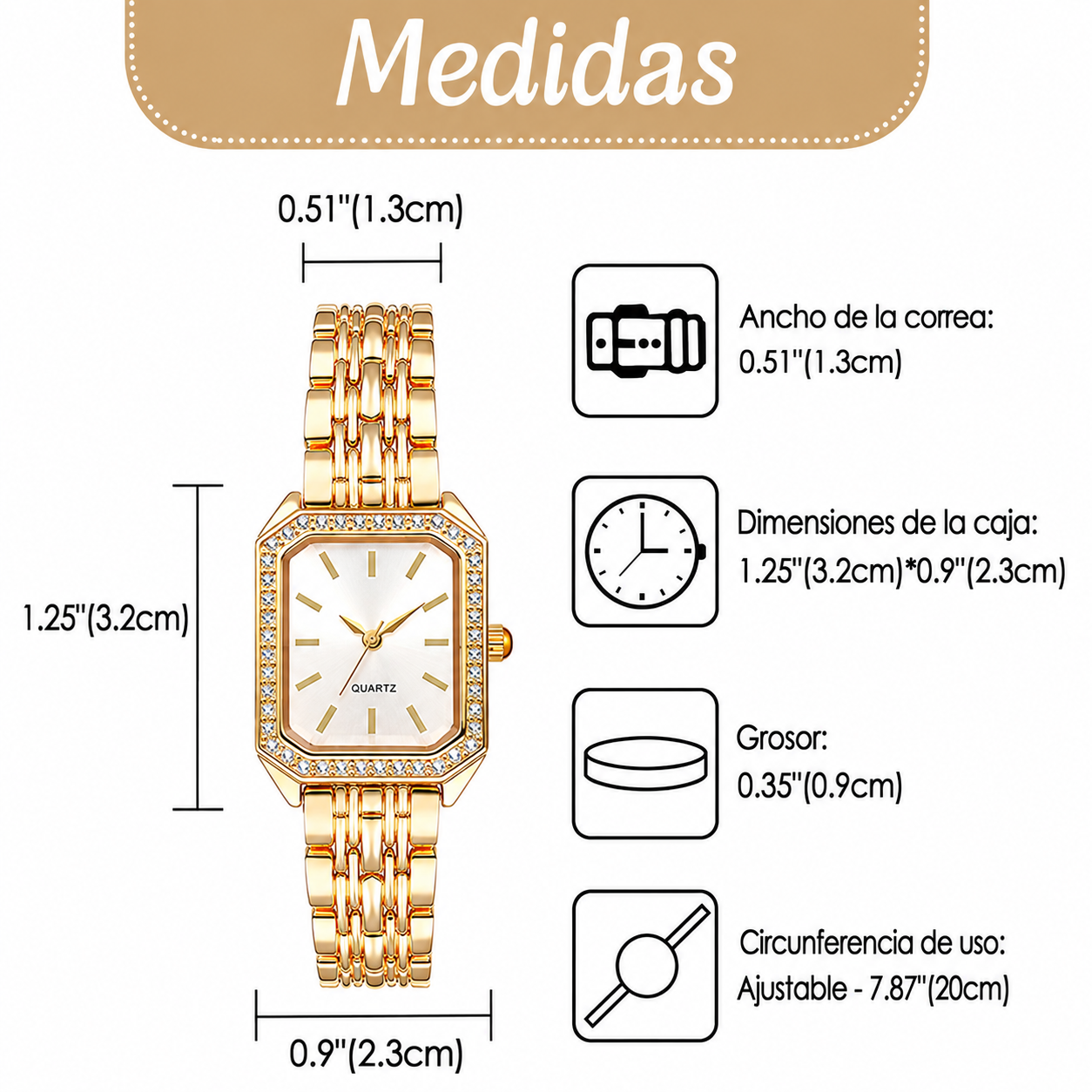Reloj Dorado Elegante para Mujer con Cristales